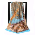 Silk satin square scarf featuring artistic nature prints with birds and blue border - Lush Branches Blue (SD90-22-2)
