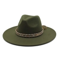 Classic dark green wool fedora with a flat wide brim and patterned ethnic hat band - M (56-58cm) / Army Green