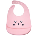 Pink waterproof silicone baby bib with cute cartoon animal face and food catcher - Smiley - Sakura Light Pink