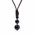 Detailed close-up of adjustable woven necklace featuring three black round stone beads - Necklace Only / Obsidian Necklace