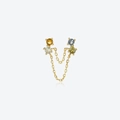 Golden double stud earring with connection chain and four colorful round gemstones - Double Piercing Connected Style (MME748)