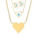 Golden double-layer titanium necklace with heart pendant and matching evil eye earrings - Evil Eye Heart Style (KS201099-HDJ)