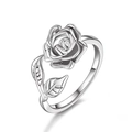 Vintage silver rose flower adjustable ring with textured leaves for women - Silver Rose Style (6969)