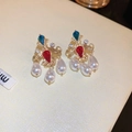 Vintage gold earrings with red and blue crystals and teardrop pearl pendants - Gold Ruby Sapphire Pearl Pendant (5#)