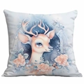 Detail of blue Christmas pillow cover featuring a dreamy deer illustration on white fabric - Dreamy Deer (CDR350-9)