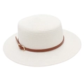 Close-up of a white boater hat featuring a thin brown leather belt and golden metal buckle - One Size / White