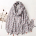 Floral print cotton linen scarf with vintage patterns and tassel edges on white background - Grey Base Red Blue Vintage Floral (SL2301-011粉灰)