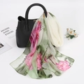 Elegant georgette scarf with lotus flower print draped over a black handbag - 160*50CM / YSY071-3# Light Green