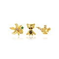 Set de boucles d'oreilles dorées avec pierres zircons colorées en formes d'ours et fleurs - Set de 3 pièces / Doré