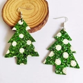 Detail of Christmas tree shaped leather earrings with green glitter and white polka dots - Green Sequin Christmas Tree
