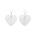 Close-up of silver hollow heart-shaped earrings with intricate leaf vein texture - Silver