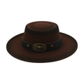 Dark brown wool felt fedora hat with flat brim and vintage bronze bull head metal buckle - One Size / Coffee (Bull Head Buckle)