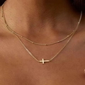 Layered gold necklace featuring a beaded chain and a horizontal cross pendant - HS1459-10 Gold Double Layer Sideways Cross Bead Necklace