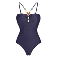 Detail of beaded dark purple one-piece swimsuit with honeycomb textured fabric - S / Navy Blue One-Piece Swimsuit
