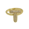 Adjustable golden bubble letter T ring with shimmering pave-set cubic zirconia stones - Adjustable Open / Gold-T