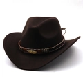 Detail of dark brown wool felt cowboy hat featuring woven band with gold feather accent - M (56-58cm) / Coffee
