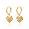 Elegant gold hoop earrings with textured heart pendant and center sparkling diamond - Sunburst Heart Pendant with Zircon / Gold