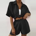 Women's black two-piece casual set featuring a textured button-down shirt and elastic shorts - S / Black