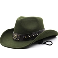 Cappello da cowboy classico in feltro di lana oliva con fascia borchiata e laccio - M(56-58CM) Regolabile / Verde Militare