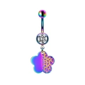 Rainbow stainless steel belly button ring with flower pendant and clear zircon stone - Colorful Flowers