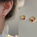 Elegant gold earrings featuring square red rubies and delicate side pavé zircon accents - Gold Square Red Ruby Style (MY32006)