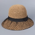 Eleganter handgefertigter Strohhut mit schwarzer Schleife und gepunktetem Netz - M (56-58cm) / Khaki