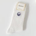 White combed cotton crew socks featuring cute cartoon sheep embroidery and striped texture - Long Ears / White