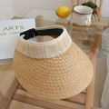 Visiera estiva in paglia da donna beige naturale con tessuto plissettato e cinturino - M (56-58cm) / Beige