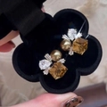Pendientes vintage con gema de ámbar y perla de champán en caja de joyería fina - Marrón