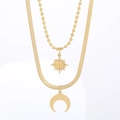Double-layered gold snake chain necklace featuring sun and moon pendants on white background - Sun Moon Double Layer Style / Gold (KN251308-Z)