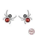 S925 sterling silver spider stud earrings with deep red garnet and black stone details - Spider Stud Earrings (SCE1517)