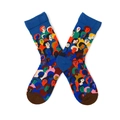 Detailed view of mid-calf socks featuring colorful artistic face patterns and patchwork - One Size / Colored Head