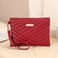 Quilted burgundy PU leather wristlet bag with gold zipper and detachable strap detail - Burgundy