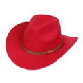 Detailed close-up of a red felt cowboy hat with a brown leather band and metallic buckle - M (56-58cm) / 165 Series-Rectangular Metal Buckle / Red