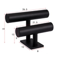 Black double-layer T-bar display stand for watches and bracelets with size details - Black Leather