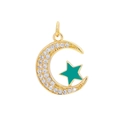 18K gold plated crescent moon pendant with micro-pave crystals and green enamel star - Green Moon Star