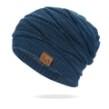 Detail of knitted beanie showing dark blue mixed weave and thick grey fleece lining - One Size / Teal
