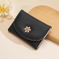 Sweet black PU leather trifold wallet for women with 3D pink daisy floral decoration - Black