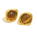 Vintage 18K gold plated stainless steel stud earrings with round tiger eye stones - Tiger Eye Stone Stud Earrings-Gold