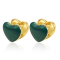 Detail of dark green heart-shaped enamel earrings with gold plating and mirror reflection - Heart / Green