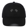 Black cotton baseball cap featuring embroidered checkered racing flags and curved brim - Black