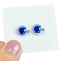 Handheld display of blue glitter American football helmet stud earrings for women - Blue Glitter Helmet