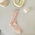 Light pink vertical striped mesh mid-calf socks for women in a cozy minimalist setting - One Size / Milky Pink