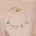 Gold stainless steel pearl bracelet with colorful star moon and lightning charms - Pearl Colorful Enamel