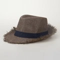 Cappello fedora in paglia marrone con nastro blu e tesa sfrangiata per protezione solare - M(56-58cm) / caffè
