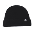 Close-up of black knitted beanie with sports tag showing fine texture and stitching - Black (Sport Label)
