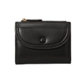 Minimalist black pebble leather short wallet with snap closure and gold zipper detail - Black