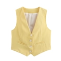Vue détaillée de face d'un gilet jaune vif avec col en V et quatre boutons blancs - Couleur Citron