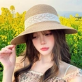 Light brown straw sun hat with wide white lace trim for summer beach outings - Khaki Ribbon Lace Straw Hat (D-575)