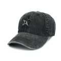 Detail of sequin star patch on washed denim baseball cap with vintage distressed texture - One Size Adjustable / Black